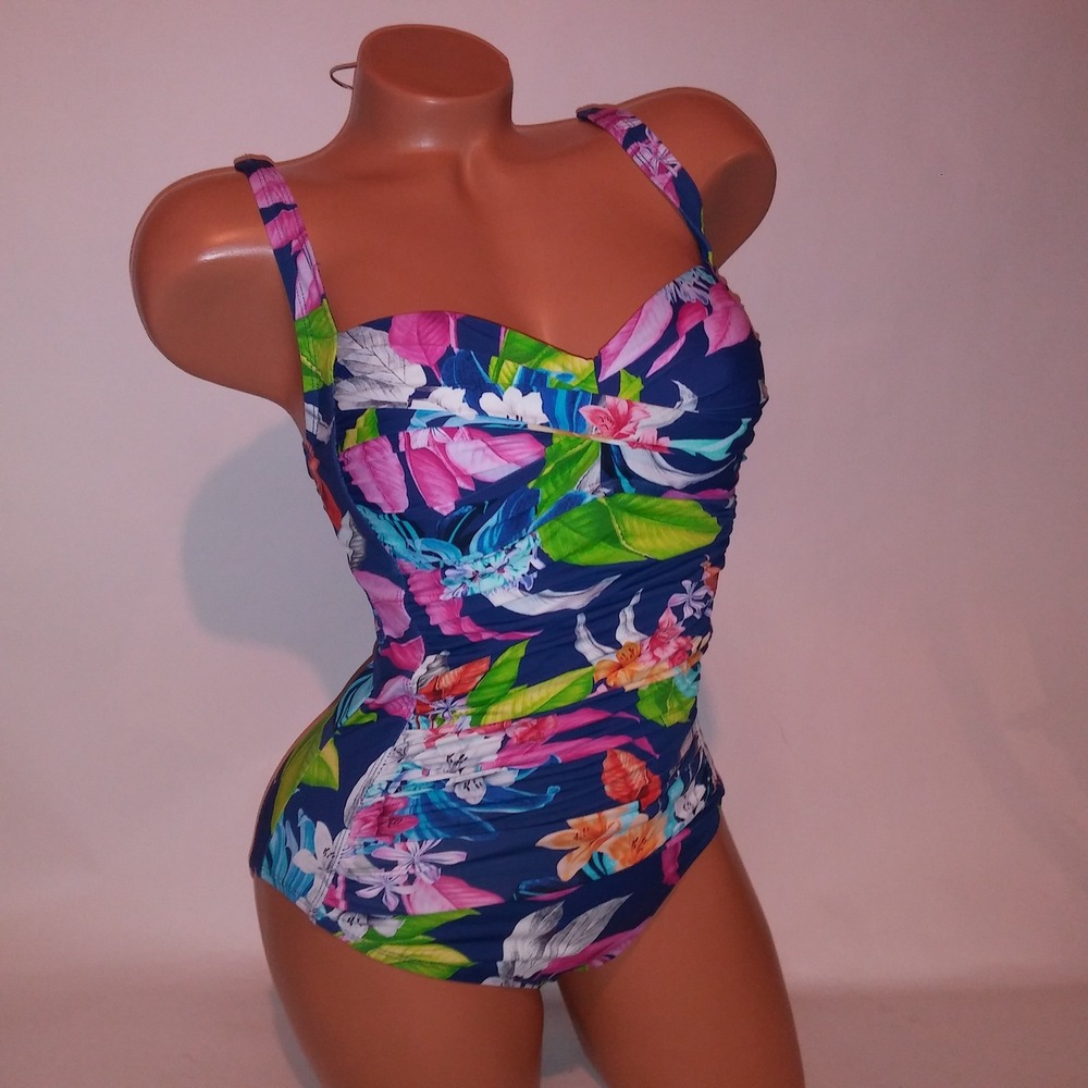 La Blanca Swim One Piece Size 8 Blue Pink Floral Lightly Lined Wireless
